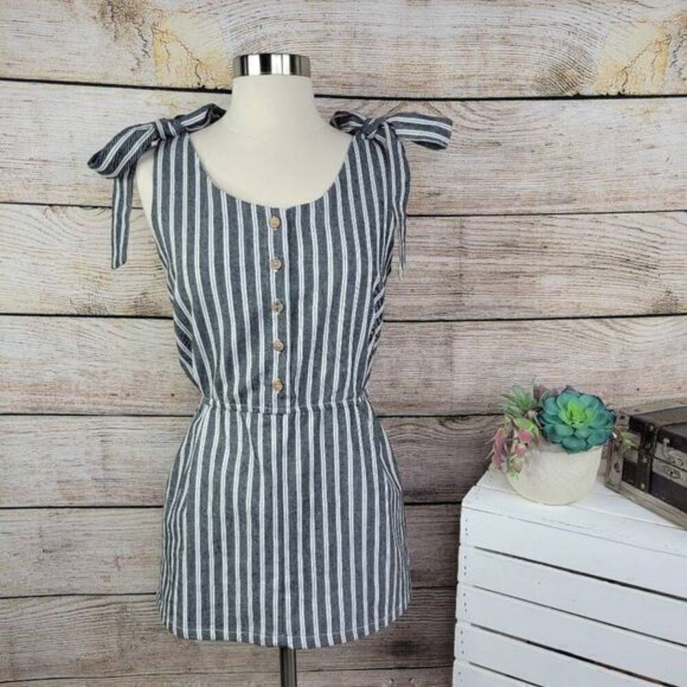 5/$25 Mod Ref Women's Mini Dress Tie Shoulder Cinched Waist Stripes Gray Large